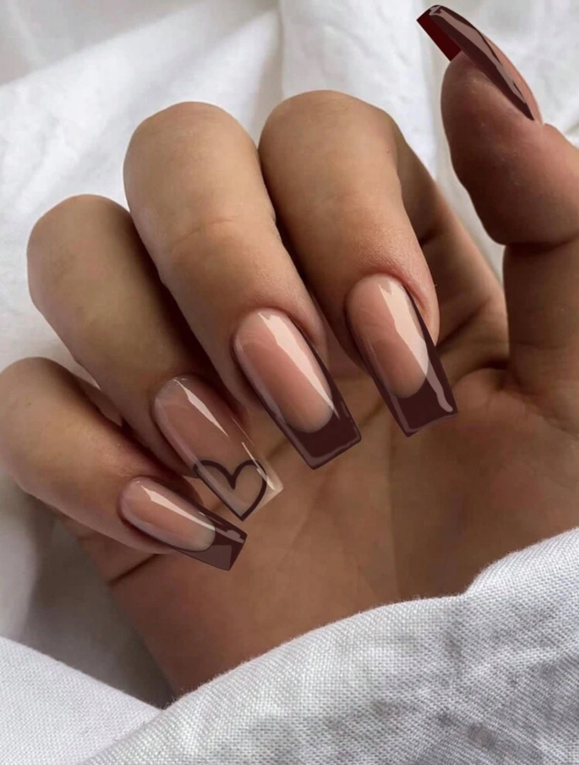 Coffee Brown French Tip Fake Nails